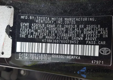 2006 Toyota Avalon Limited из США, поврежденный, VIN 4T1BK36B76U079452